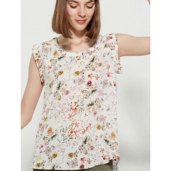 Pleione Cream Multicolor Springtime Floral Cap Sleeve Casual Flowy Blouse Large - Picture 1 of 11